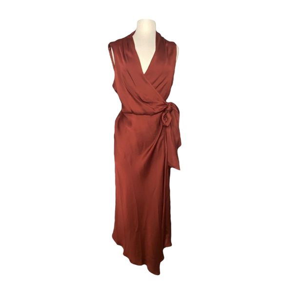 Veronica Beard Briony Wrap Midi Dress in Clay Copper 14 Satin Flattering - Picture 2 of 13